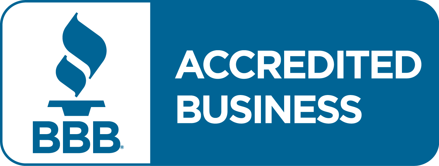 BBB Accredited Business logo, featuring a blue background with the iconic torch emblem, indicating trust and quality in business practices.